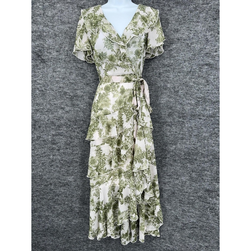Kate And Lily Dress Womens 6 Green Floral Wrap V Neck Ruffle Maxi Chiffon Tiered